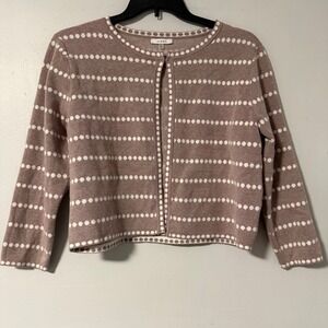 Sioni Taupe White Polka Dot Button Front Cardigan Sweater Women Size L